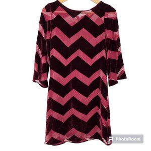 Alice & Olivia Dress Maroon Chevron Velvet Mesh Sheer 3/4 Sleeve Mini Size XS